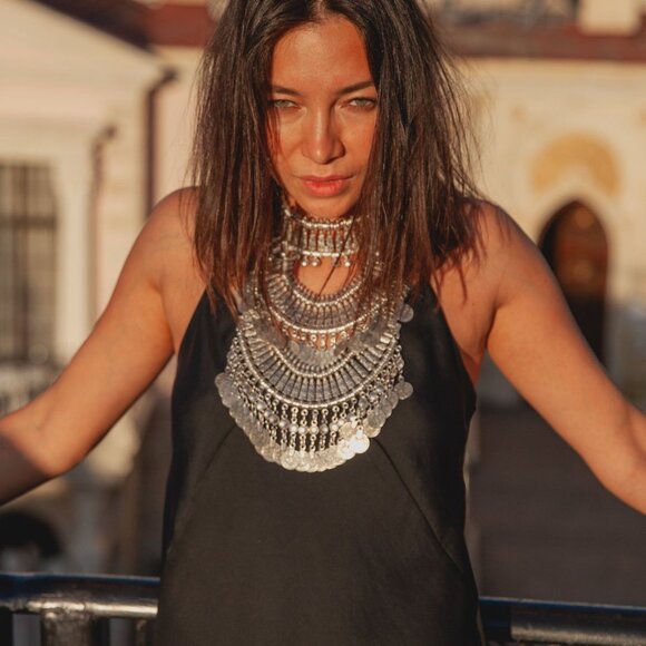 SUKISO BODRUM Statement Necklace Coin Collar Silver New Hippie Boho Bellydance - Picture 9 of 10